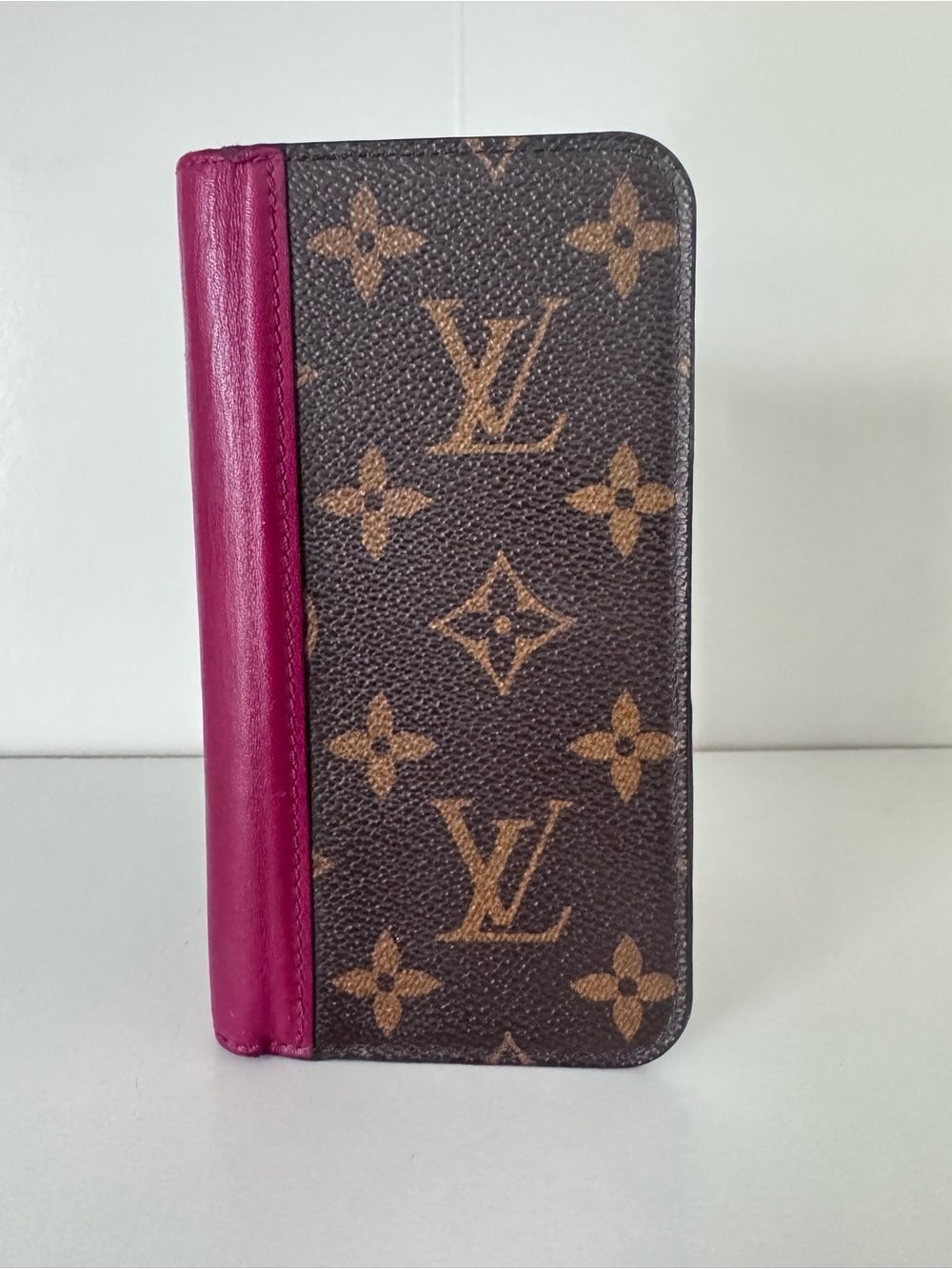 Authentic Louis Vuitton Monogram Phone Wallet Case with Pink Trim